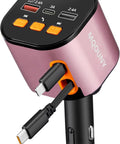5 In 1 Ride Ready Retractable Car Charger With 90W Heavy Hitter Fast Charge, pink and black, with USB ports and controls.