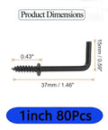 Knock Out Your Gear Organization With These Rock Solid Black Screw Hooks Eighty Piece Pack One Inch Right Angle Wall Clamps Carbon Steel Self Tapping Hangers For Heavy Duty Work dimensions display.