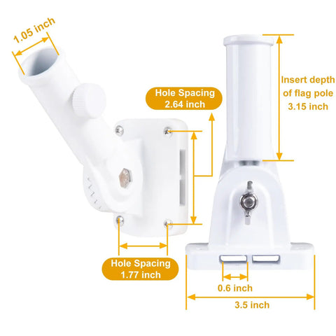 Heavy Duty Aluminum Flag Pole Holder With No Sweat Setup, Adjustable Outdoor Mounting Bracket That Stays Put, Rust Free And Built Tough, Crisp White Finish with measurement details
