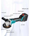 No-Brainer Brushless 4-Piece Cordless Power Tool Set Including Angle Grinder Hammer Drill Impact Wrench Rechargeable Battery with angle grinding disc and rubber grip.