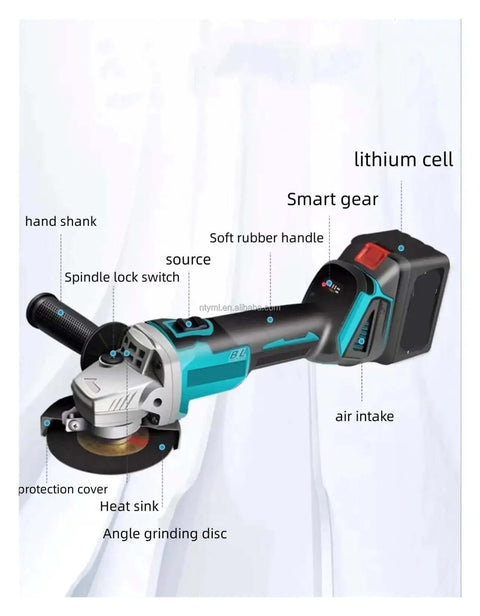 Badass Brushless 4 Piece Cordless Power Tool Kit With Electric Drill Hammer Adjustable Wrench Plus Angle Grinder Wireless Set showing angle grinder details with rubber handle and grinding disc.