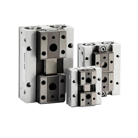 Heavy Duty Low Profile Air Cylinder And Parallel Gripper Compatible With Mhf Series Systems Smooth Rail Slide Action Solid Linear Motion Control Built Tough For Serious Industrial Workloads That Never Skip A Beat