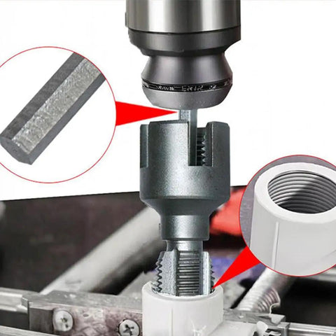 Dual Function Pipe Threading Tool For 1/2 And 3/4 Inch Pipes, Internal And External Thread Cutter, PVC And Plastic Rethread Kit in use