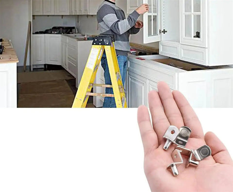 Installation of Beefy Heavy Duty Shelf Brackets And Wall Mounts For Cabinets And Closets in kitchen with hand holding pegs