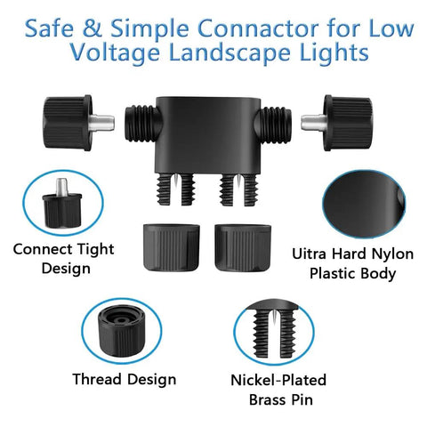 8 Pack Low Voltage Landscape Wire Connectors For 12 To 20 Gauge Cable Easy Snap Outdoor LED Lights Garden Pathway Lighting Waterproof Durable Nylon Fiberglass With Nickel Plated Brass Pins shown with parts description