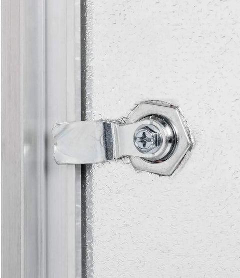 Close-up of the locking mechanism on the Heavy Duty 16X16 Inch Aluminum Access Panel With Insulated Core And Snap Tight Gasket Keyed Cylinder Lock.