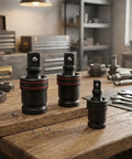 Get Your Car Running Smooth With This 3 Piece Swivel Socket Set Featuring 1/2, 3/8, And 1/4 Inch Drive Sizes Perfect For Tight Spaces With Ball Joint Adapter And Chrome Steel Build For Pros, three chrome steel swivel sockets on workbench
