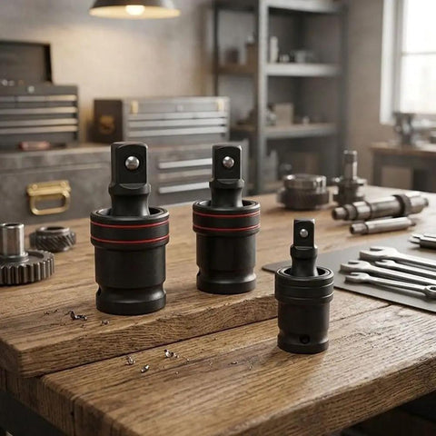 Get Your Car Running Smooth With This 3 Piece Swivel Socket Set Featuring 1/2, 3/8, And 1/4 Inch Drive Sizes Perfect For Tight Spaces With Ball Joint Adapter And Chrome Steel Build For Pros, three chrome steel swivel sockets on workbench