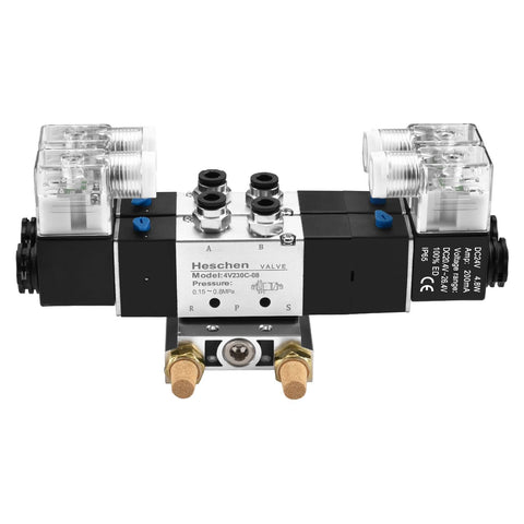 Twin Solenoid Pneumatic Valve 5 Way 3 Position 24VDC PT1/4 Internal Pilot Manifold Base Muffler Quick Fittings Set