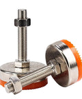 Badass Heavy Duty Adjustable Leveling Feet Four Pack M16 Thread Carbon Steel Furniture Levelers Equipment Support Legs Quick Level On Bumpy Ground Solid Rig Setup No Sweat Daily Use close-up of carbon steel leveling feet with orange rubber bottoms