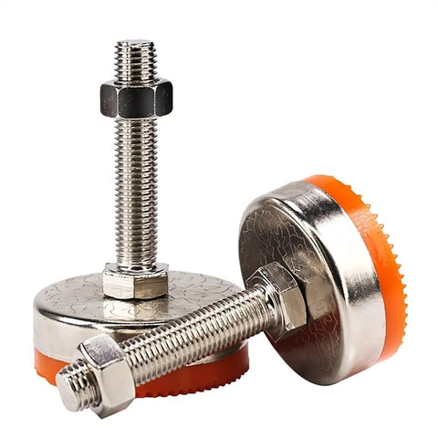 Badass Heavy Duty Adjustable Leveling Feet Four Pack M16 Thread Carbon Steel Furniture Levelers Equipment Support Legs Quick Level On Bumpy Ground Solid Rig Setup No Sweat Daily Use close-up of carbon steel leveling feet with orange rubber bottoms