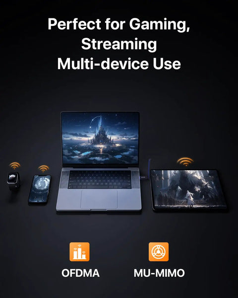 Devices connected wirelessly using AX900 Ultra Fast WiFi 6 USB Adapter Dual Band 5GHz up to 600Mbps and 2.4GHz up to 286Mbps