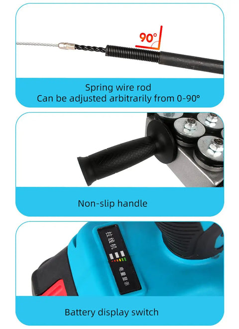 Badass Cordless Wire Threader And Through Wall Cable Puller Backed By Rock Solid 6000mAh Battery showing adjustable spring wire rod and non-slip handle.