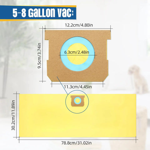 Heavy Duty Disposable Wet And Dry Vacuum Bags 16 Pack Universal Fit 5 To 8 Gallon Portable Vacs Type E And H Collection Sacks dimensions and design on a light background.