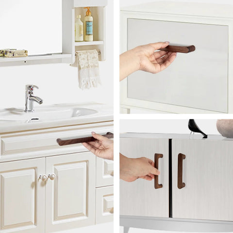 Dark Walnut Solid Wood Cabinet Pulls 2 Pack for cabinets, shown on white drawers, easy to install with natural wood grain, modern style.