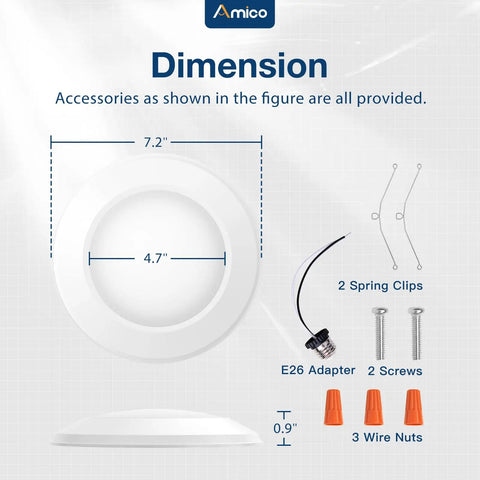 Diagram showing dimensions and included accessories for Bulk 24 Count 5 By 6 Inch Led Disk Lights With Smart Dimming Controls.