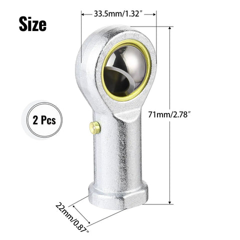 Two Piece Heavy Duty Rod End Bearing Set With 1/2 Inch Bore showing size dimensions of 33.5mm and 71mm. Ideal for custom car applications.