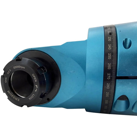 Top Shelf Cat40 To Er32 90 Degree Angle Head Vmc Spindle Adapter showing blue finish and adjustable collar for precise machining.