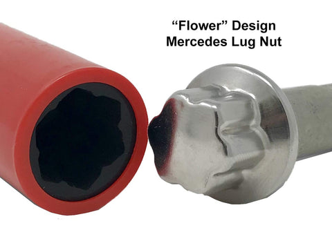Close-up of Mercedes-Benz Lug Nut Socket 17mm 6 Point Flower Design For 2009 And Up Lug Bolts with protective sleeve