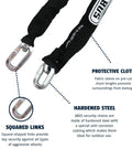 Beefy Hardened Steel 6KS Square Security Chain with protective cloth, showing squared links and corrosion resistance coating for bikes and more.