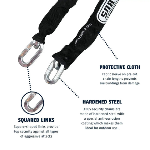 Beefy Hardened Steel 6KS Square Security Chain with protective cloth, showing squared links and corrosion resistance coating for bikes and more.