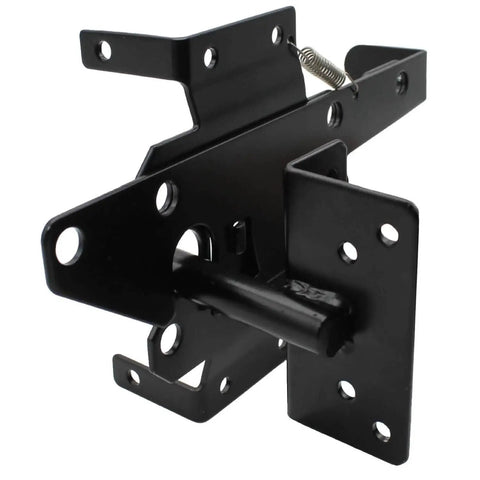 Black Vinyl Fence Gate Hardware Kit With Self Closing Parts And Heavy Duty Hinges Paired With A Lockable Latch close-up of secure latch mechanism