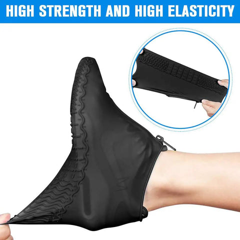 Silicone Waterproof Shoe Covers With Zipper, Reusable Rain Overshoes For All Weather, showing high strength and elasticity, Black, Size L.
