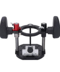 Premium Adjustable Router Lift For Woodworking Benches Built With A Rock Solid Aluminum Frame And Hella Smooth Micro Adjustments. Display of router lift base with robust knobs and steel rods.