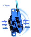 Heavy Duty Hydraulic Disc Brakes For Mountain Bikes With 800mm Front And 1550mm Rear Lines Four Piston Caliper 160mm Rotor Purple Aluminum Alloy close up of blue four-piston caliper