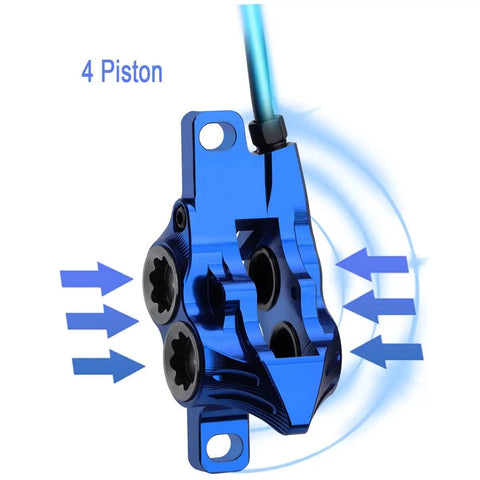Heavy Duty Hydraulic Disc Brakes For Mountain Bikes With 800mm Front And 1550mm Rear Lines Four Piston Caliper 160mm Rotor Purple Aluminum Alloy close up of blue four-piston caliper