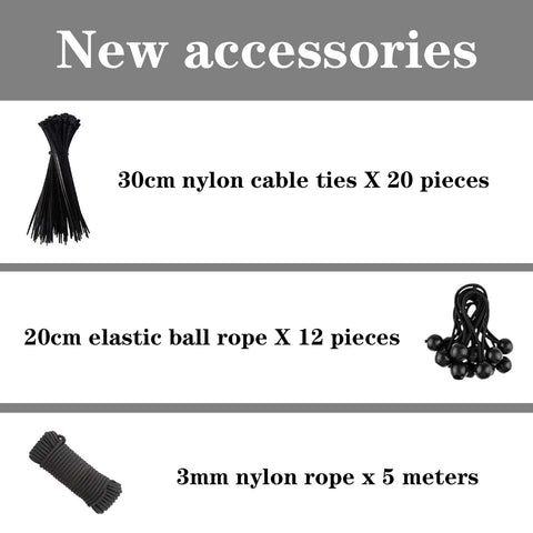 Image showing new accessories: 30cm nylon cable ties, 20cm elastic ball rope, and 3mm nylon rope for 90 Percent UV Blocking Shade Cloth With Grommets For Pergola Patio And Garden, Breathable Mesh Tarp Sun Screen For Outdoor Backyard Use, Ideal For Lawn And Plants, 10 By 12 Feet.