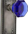 Meadows Plate Privacy Waldorf Cobalt Door Knob Set With Solid Brass Plates And Lead Crystal Knobs For Bathroom Or Bedroom Old School Charm Two And Three Eighths Inch Backset Complete One Door Hardware Easy Restoration On Modern Pre Drilled Doors close-up of cobalt crystal knob on decorative brass plate