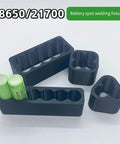 Top Rated Effortless Welding Clamp Fixture Set For Battery Pack Spot Crafting showing 18650/21700 battery welding fixtures and aligned cells.