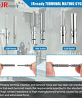 Three sizes of metal contact pins for DT Waterproof 2 Pin Connector Kit with 14-20 AWG solid contacts, showing insertion detail.