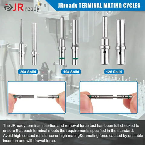 Three sizes of metal contact pins for DT Waterproof 2 Pin Connector Kit with 14-20 AWG solid contacts, showing insertion detail.