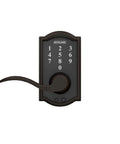 Front view of Keyless Entry Lock with Accent Lever in aged bronze, electronic door lock with auto lock, cylinder-free design for security.