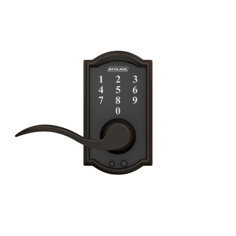 Front view of Keyless Entry Lock with Accent Lever in aged bronze, electronic door lock with auto lock, cylinder-free design for security.