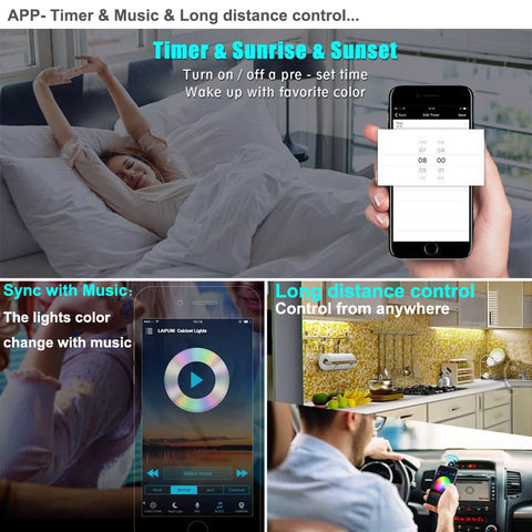 Under Cabinet LED Lighting Kit With Dimmable Brightness And Music Sync, WiFi Smart Control, app interface, and usage scenarios
