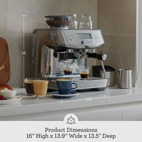 Barista Pro Espresso Machine With Built-In Grinder And 4 Keys Formula on kitchen counter, sleek black truffle finish, showing dimensions