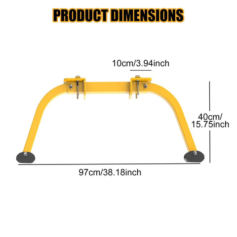 Product dimensions of Heavy Duty Steel Ladder Stabilizer for Roof Gutter and Wall Mounts, yellow, 97cm width, 40cm height.