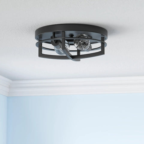 Two-Light Farmhouse Flush Mount Ceiling Light In Black Finish 13 Inch Ceiling Fixture Perfect For Hallways And Foyers Also Great For Bedrooms Kitchens And Living Rooms, showing black metal cage design