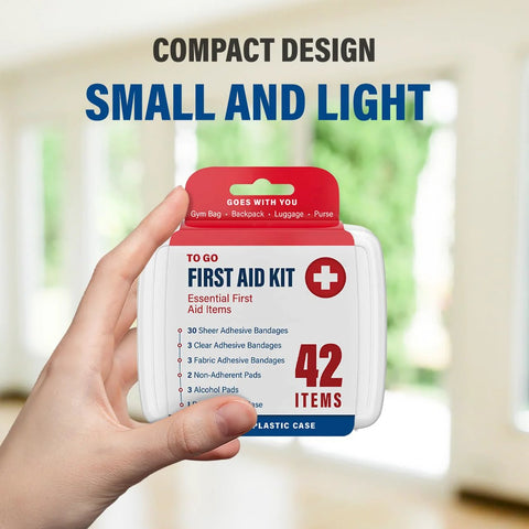 Small travel-size first aid kit in white plastic case with red lid, labeled 42 items.