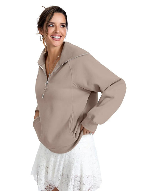 Oversized Fleece Lined Half Zip Sweatshirt With Pocket For Cozy Warmth And Comfort, Coffee Gray X Large Casual Long Sleeve Pullover