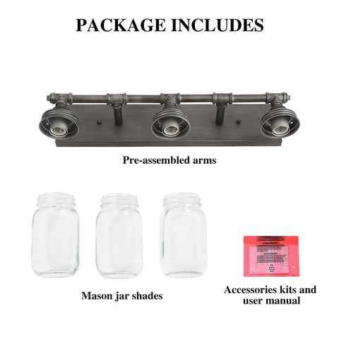 Industrial 3 Mason Jar Vanity Light Fixture, 24 Inch Bathroom Lighting With Antique Silver Brushed Finish, Clear Glass Jars, Modern Rustic Vibe For Bath Vanity Or Hallway, Bright And Stylish package includes pre-assembled arms, mason jar shades, accessories kit and manual.