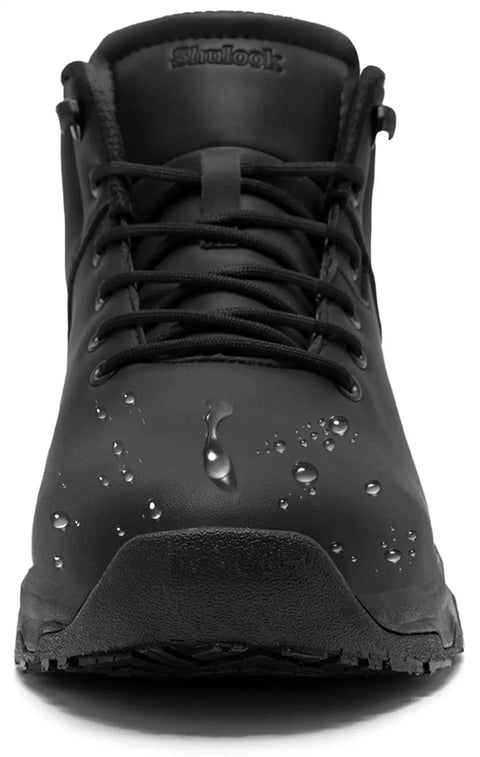 Front view of black Non Slip Work Boots for Men Slip Resistant Waterproof Kitchen Shoes for Food Service, Leather Size 11 with water droplets.