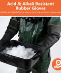 Tough As Nails 22 Inch Heavy Duty Rubber Gloves For Household Chores And Professional Cleaning Reusable Chemical Resistant Safety Gear With Ergonomic Comfort Fit, worn while holding a black tub of soapy water.