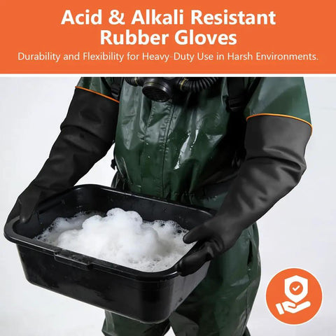 Tough As Nails 22 Inch Heavy Duty Rubber Gloves For Household Chores And Professional Cleaning Reusable Chemical Resistant Safety Gear With Ergonomic Comfort Fit, worn while holding a black tub of soapy water.
