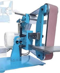 Built Tough Dual Position Bench Belt Sander And Electric Polisher With Smooth Variable Speed Control Up To 5000 RPM And Five Heavy Duty Belts on a blue base with a polishing station.