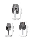 Popetpop 3 Pc Pvc Pipe Threader Set For Electric Drill integrated internal external threading tool shown from multiple angles with measurements.