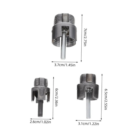 Popetpop 3 Pc Pvc Pipe Threader Set For Electric Drill integrated internal external threading tool shown from multiple angles with measurements.